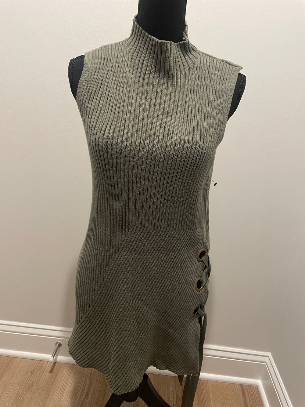 Sleeveless Ribbed Mock Neck Mini Dress with Side Grommet Ties - Olive
